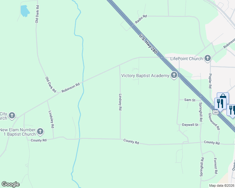 map of restaurants, bars, coffee shops, grocery stores, and more near 308 Lindsey Road in Alexander City