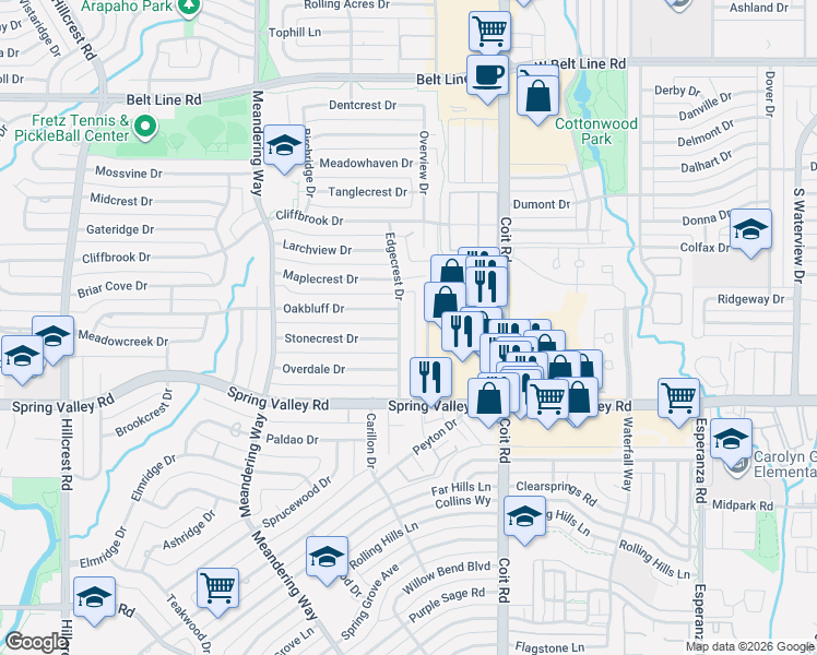 map of restaurants, bars, coffee shops, grocery stores, and more near 14230 Edgecrest Drive in Dallas