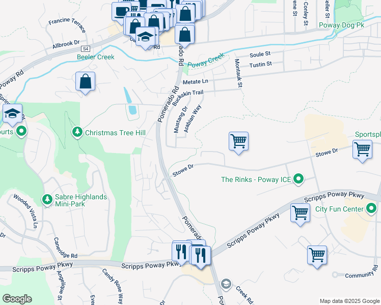 map of restaurants, bars, coffee shops, grocery stores, and more near 12358 Hill Country Drive in Poway