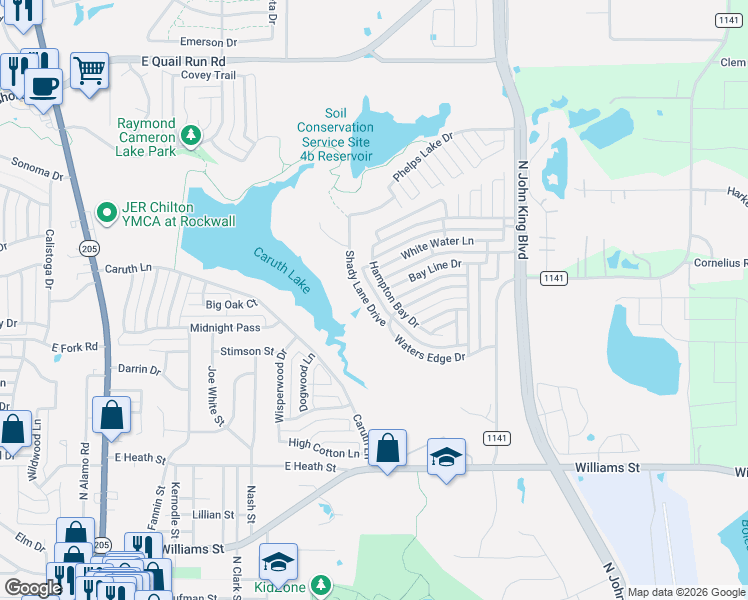 map of restaurants, bars, coffee shops, grocery stores, and more near 1065 Hampton Bay Drive in Rockwall