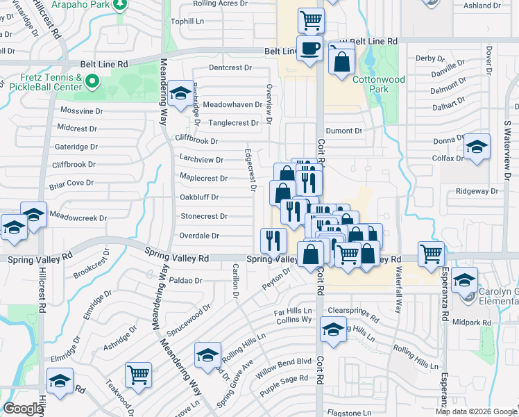 map of restaurants, bars, coffee shops, grocery stores, and more near 14230 Edgecrest Drive in Dallas