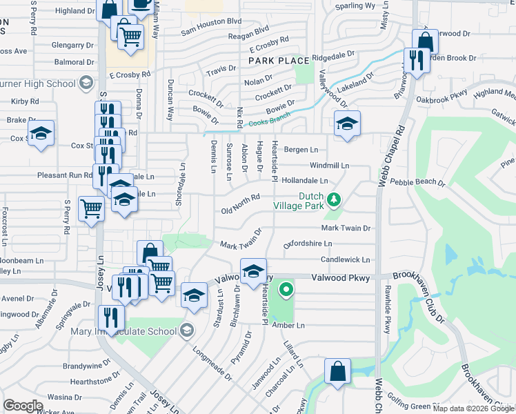 map of restaurants, bars, coffee shops, grocery stores, and more near 2872 Old North Road in Farmers Branch