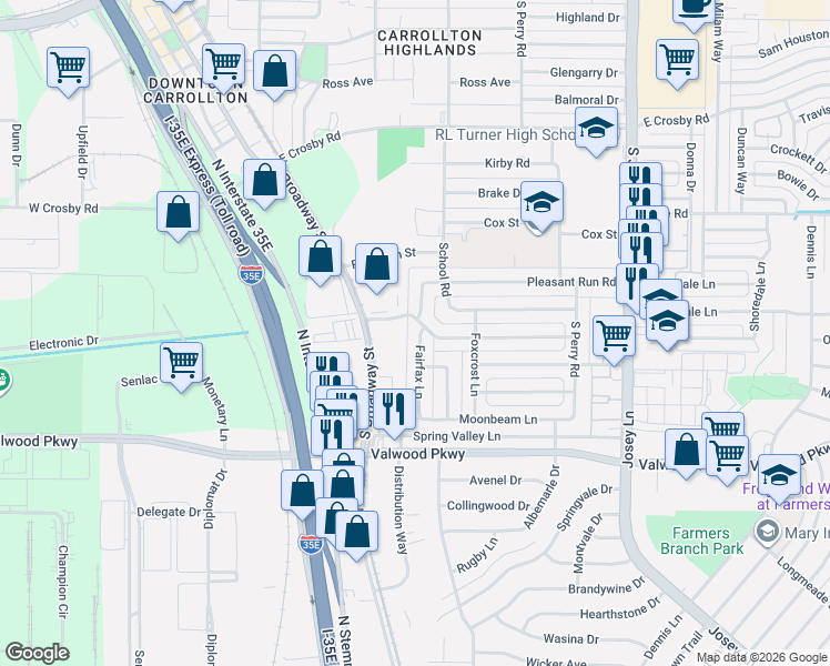 map of restaurants, bars, coffee shops, grocery stores, and more near 1600 Pleasant Run Road in Carrollton