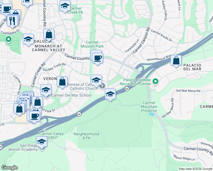 map of restaurants, bars, coffee shops, grocery stores, and more near 12372 Mona Lisa Street in San Diego