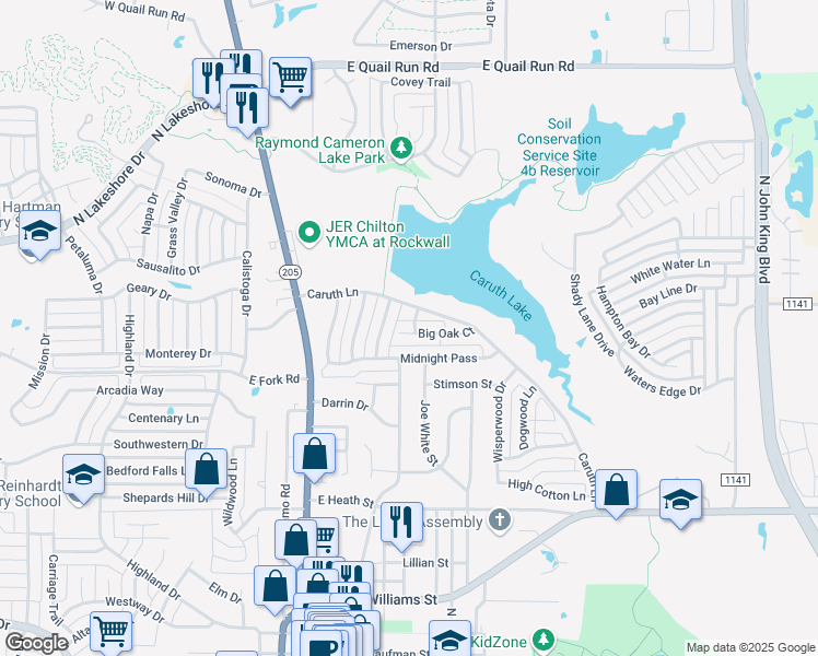 map of restaurants, bars, coffee shops, grocery stores, and more near 514 Big Oak Court in Rockwall