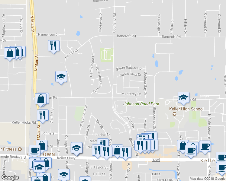 map of restaurants, bars, coffee shops, grocery stores, and more near 402 Bourland Road in Keller