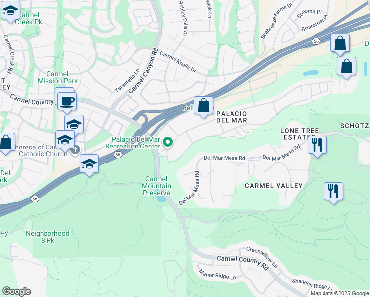 map of restaurants, bars, coffee shops, grocery stores, and more near 4954 Caminito Vista Lujo in San Diego