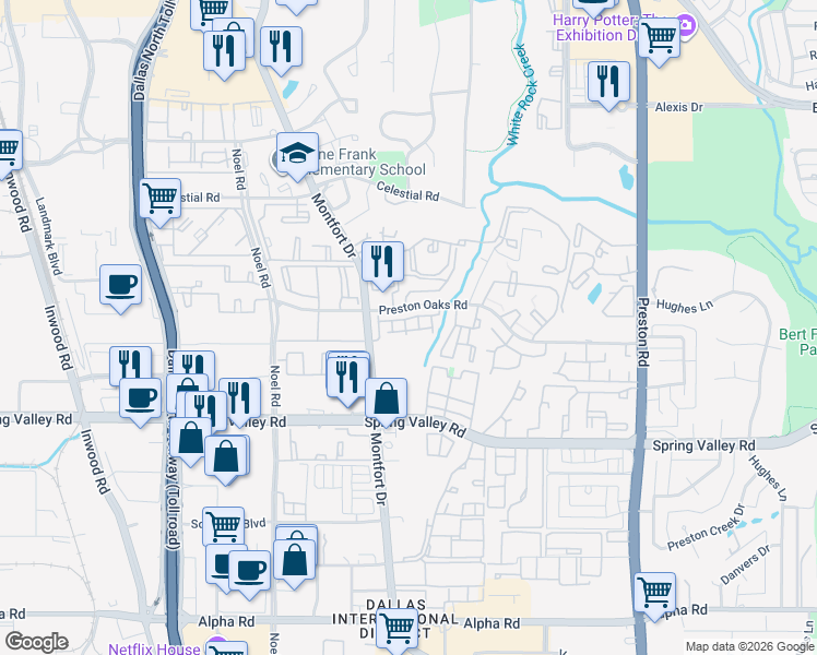 map of restaurants, bars, coffee shops, grocery stores, and more near 5616 Preston Oaks Road in Dallas