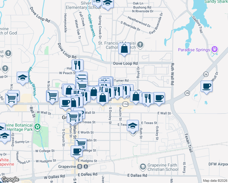 map of restaurants, bars, coffee shops, grocery stores, and more near 204 North Dooley Street in Grapevine