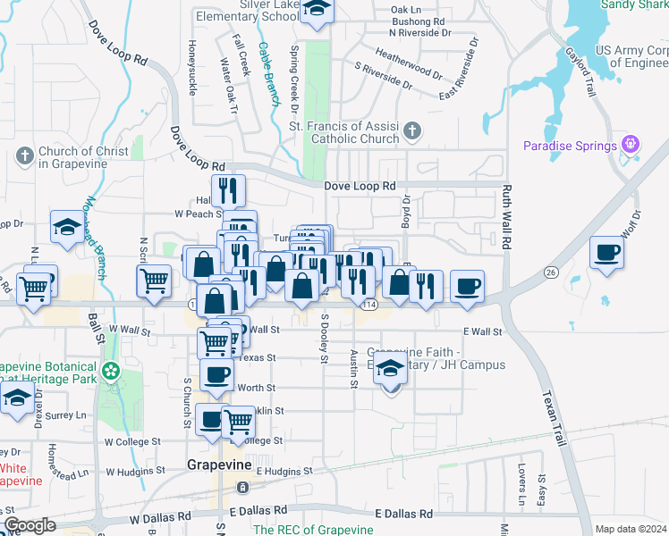map of restaurants, bars, coffee shops, grocery stores, and more near 204 North Dooley Street in Grapevine