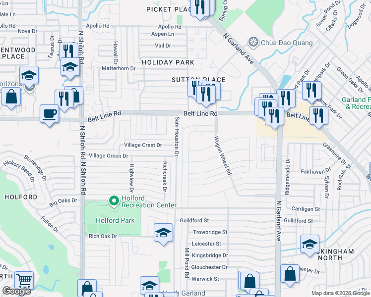 map of restaurants, bars, coffee shops, grocery stores, and more near 2802 Sam Houston Drive in Garland