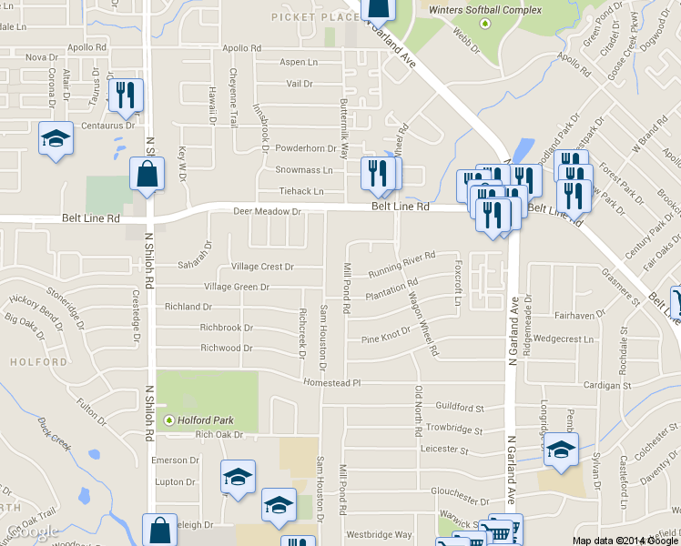 map of restaurants, bars, coffee shops, grocery stores, and more near 2802 Sam Houston Drive in Garland