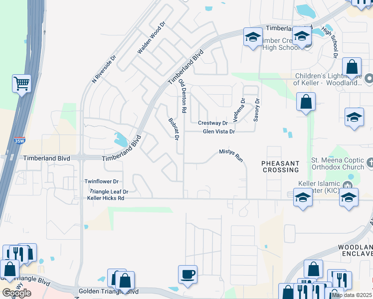 map of restaurants, bars, coffee shops, grocery stores, and more near 11650 Old Denton Road in Keller