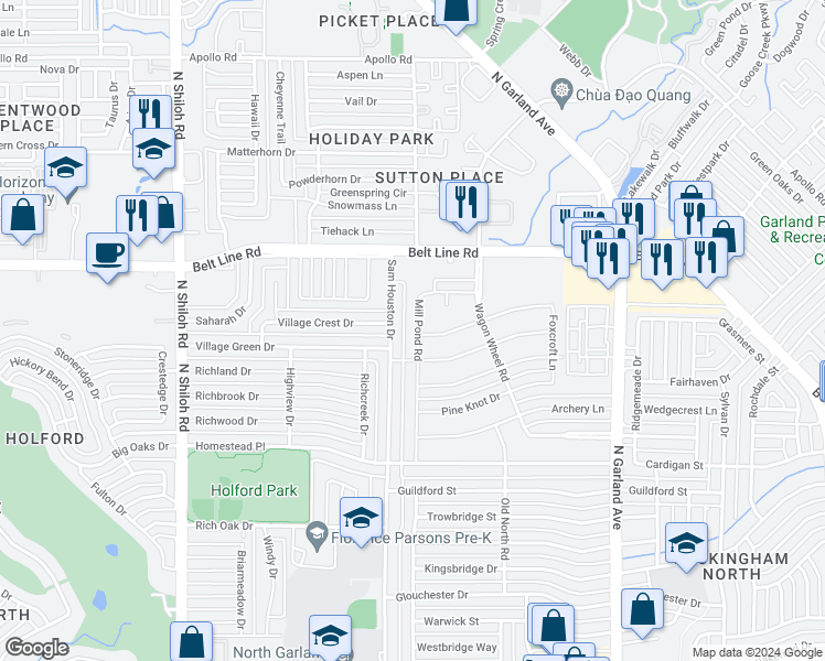 map of restaurants, bars, coffee shops, grocery stores, and more near 2801 Mill Pond Road in Garland