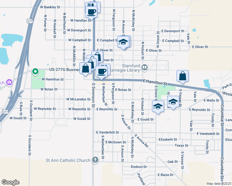 map of restaurants, bars, coffee shops, grocery stores, and more near 305 South Ferguson Street in Stamford