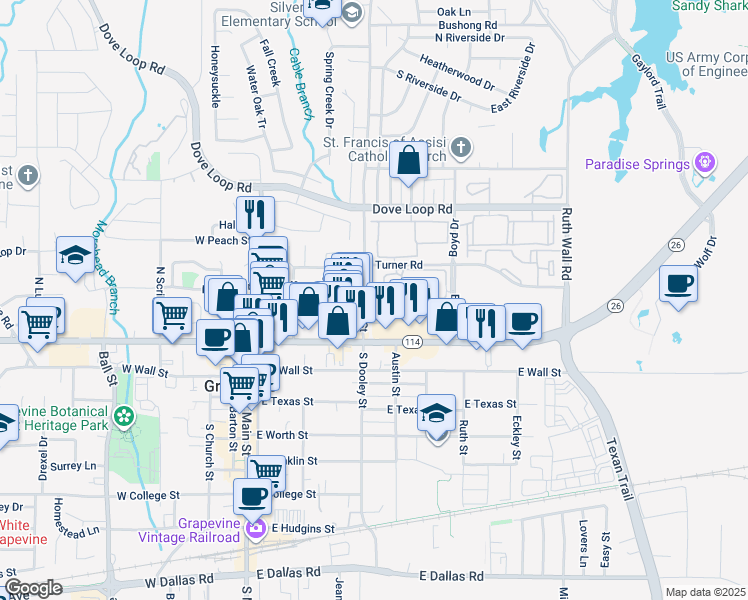map of restaurants, bars, coffee shops, grocery stores, and more near 204 North Dooley Street in Grapevine
