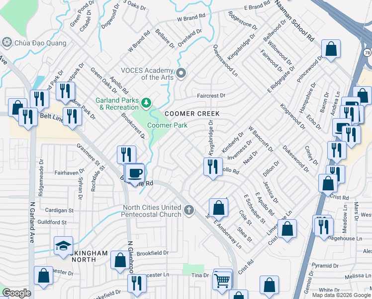 map of restaurants, bars, coffee shops, grocery stores, and more near 338 Marriott Lane in Garland