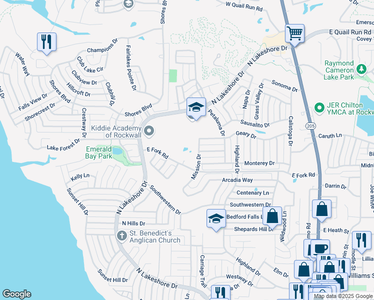map of restaurants, bars, coffee shops, grocery stores, and more near 1293 Mission Drive in Rockwall