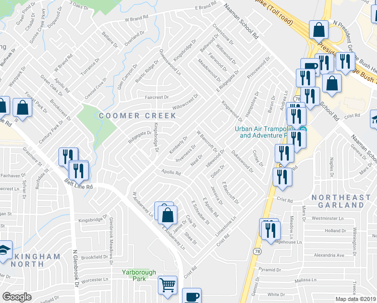 map of restaurants, bars, coffee shops, grocery stores, and more near 2502 Inverness Drive in Garland