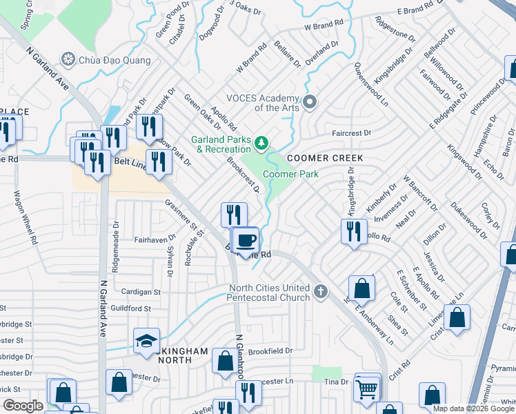 map of restaurants, bars, coffee shops, grocery stores, and more near 2522 Brookcrest Drive in Garland