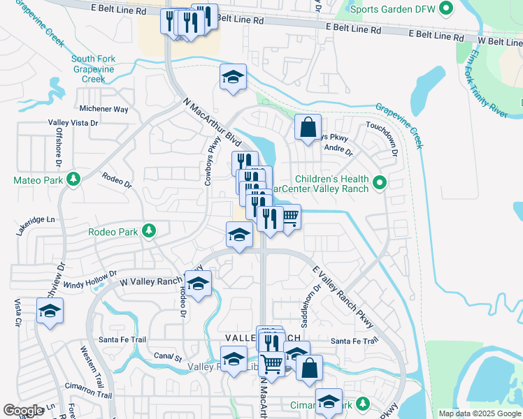 map of restaurants, bars, coffee shops, grocery stores, and more near 10229 North MacArthur Boulevard in Irving