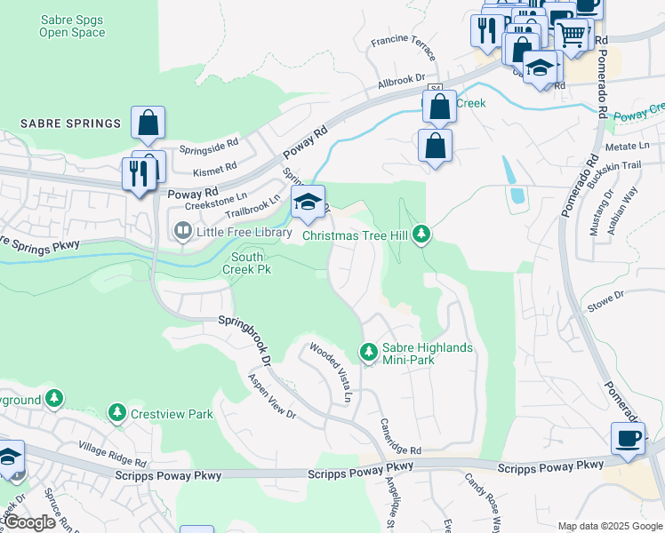 map of restaurants, bars, coffee shops, grocery stores, and more near 12301 Springhurst Drive in San Diego