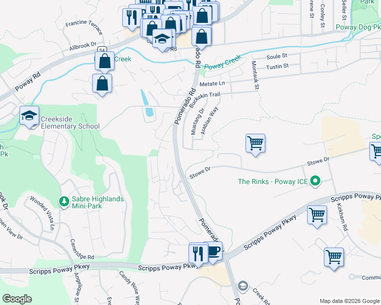 map of restaurants, bars, coffee shops, grocery stores, and more near 12319 Hill Country Drive in Poway
