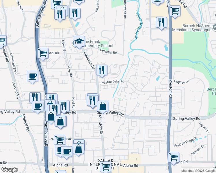 map of restaurants, bars, coffee shops, grocery stores, and more near 5616 Preston Oaks Road in Dallas