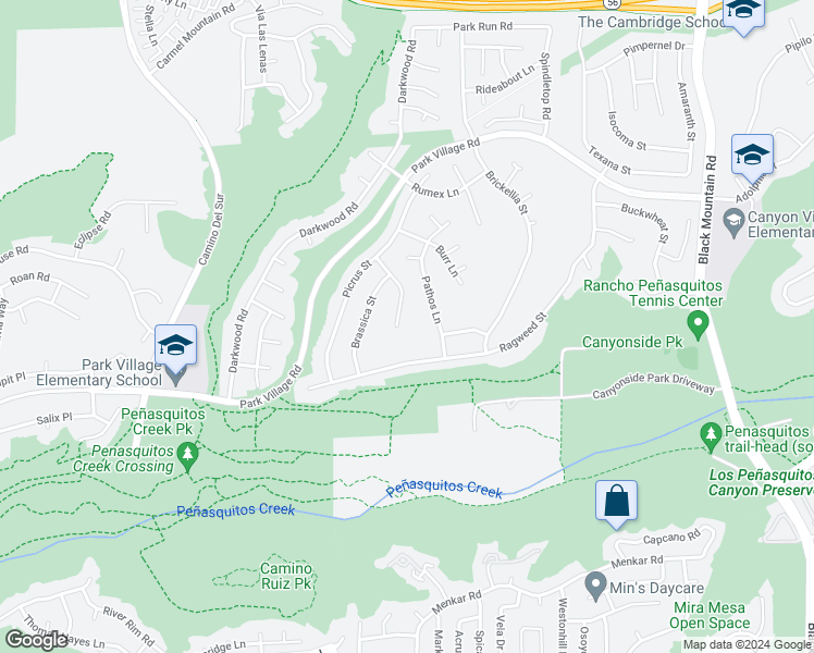 map of restaurants, bars, coffee shops, grocery stores, and more near 8594 Hopseed Lane in San Diego