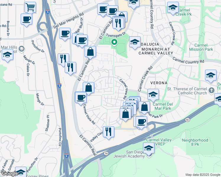 map of restaurants, bars, coffee shops, grocery stores, and more near 12415 Ruette Alliante in San Diego