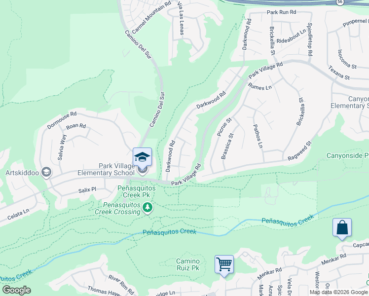map of restaurants, bars, coffee shops, grocery stores, and more near 12305 Crisscross Lane in San Diego