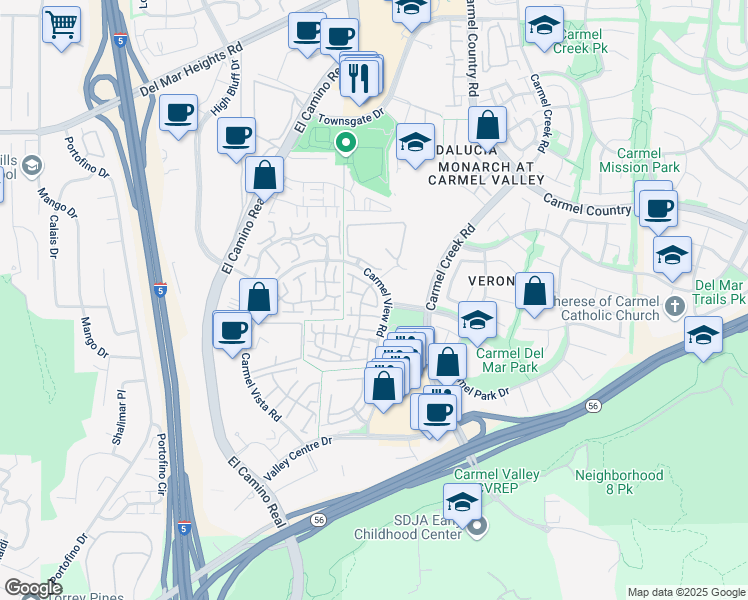 map of restaurants, bars, coffee shops, grocery stores, and more near 12527 Caminito Mira Del Mar in San Diego