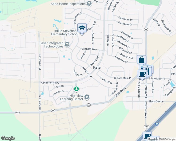 map of restaurants, bars, coffee shops, grocery stores, and more near 214 Hampton Drive in Rockwall