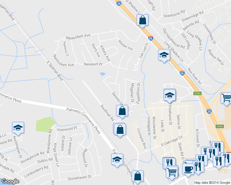 map of restaurants, bars, coffee shops, grocery stores, and more near 7744 Desoto Drive in North Charleston