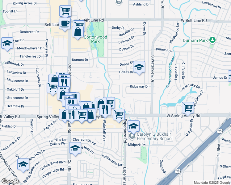 map of restaurants, bars, coffee shops, grocery stores, and more near 843 Dublin Drive in Richardson