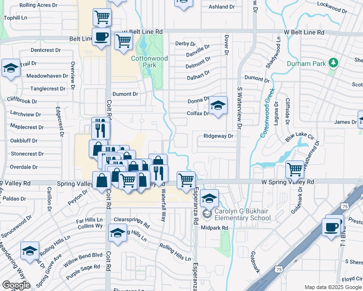 map of restaurants, bars, coffee shops, grocery stores, and more near 843 Dublin Drive in Richardson