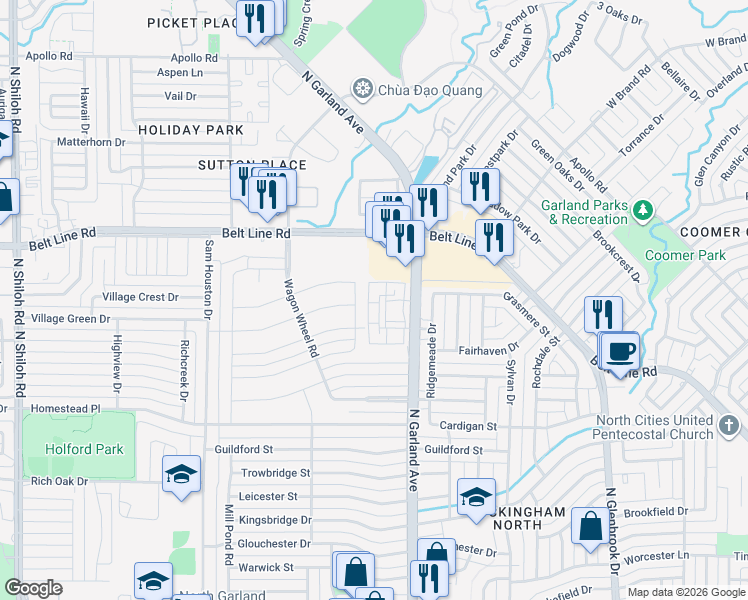 map of restaurants, bars, coffee shops, grocery stores, and more near 2837 North Garland Avenue in Garland