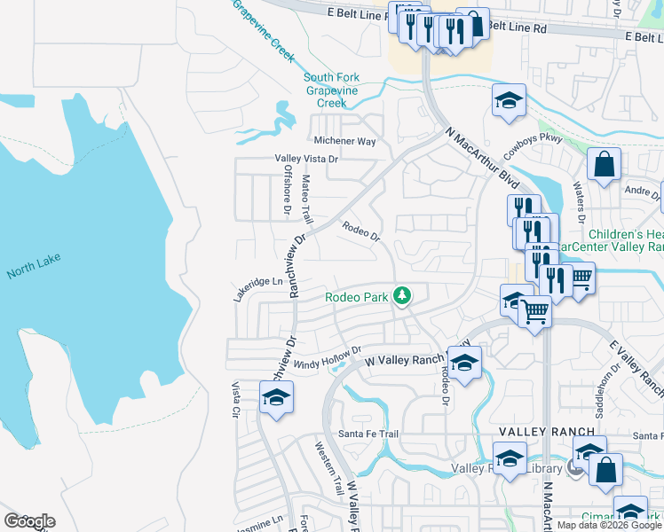 map of restaurants, bars, coffee shops, grocery stores, and more near 1147 Backbay Drive in Irving