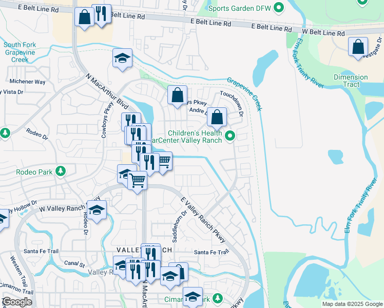 map of restaurants, bars, coffee shops, grocery stores, and more near 10107 Green Court in Irving