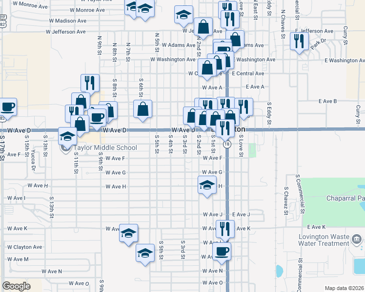 map of restaurants, bars, coffee shops, grocery stores, and more near 318 West Avenue East in Lovington