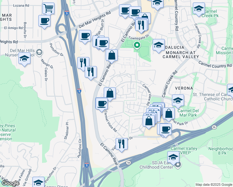 map of restaurants, bars, coffee shops, grocery stores, and more near 3618 Ruette De Ville in San Diego
