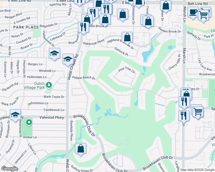 map of restaurants, bars, coffee shops, grocery stores, and more near 3343 Pebble Beach Drive in Farmers Branch