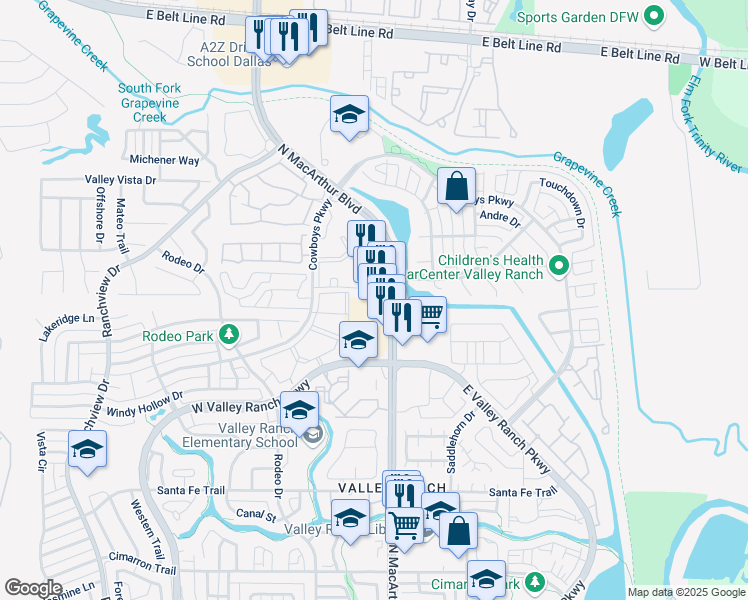 map of restaurants, bars, coffee shops, grocery stores, and more near 10045 North MacArthur Boulevard in Irving