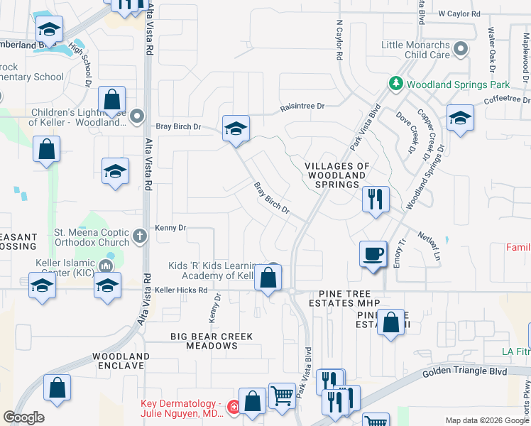 map of restaurants, bars, coffee shops, grocery stores, and more near 4132 Briar Creek Road in Keller