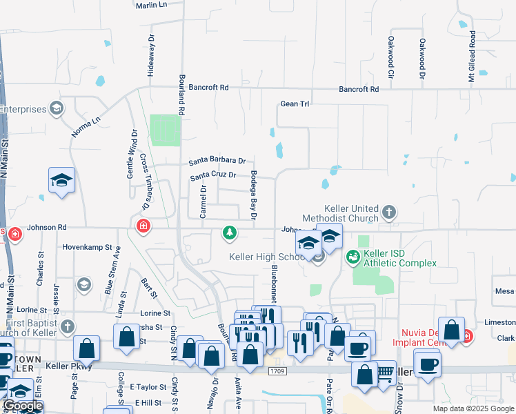 map of restaurants, bars, coffee shops, grocery stores, and more near 711 Bodega Bay Drive in Keller