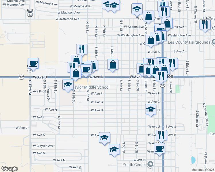 map of restaurants, bars, coffee shops, grocery stores, and more near 700-7714 W Ave East in Lovington