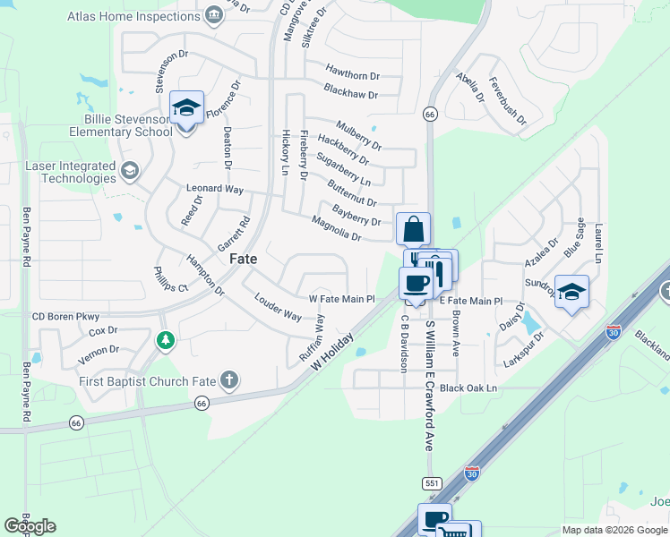 map of restaurants, bars, coffee shops, grocery stores, and more near 680 Cannon Drive in Rockwall