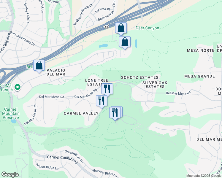 map of restaurants, bars, coffee shops, grocery stores, and more near 5300a Meadows Del Mar in San Diego