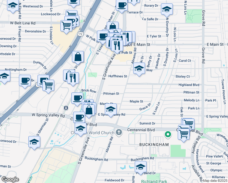 map of restaurants, bars, coffee shops, grocery stores, and more near 327 Pittman Street in Richardson