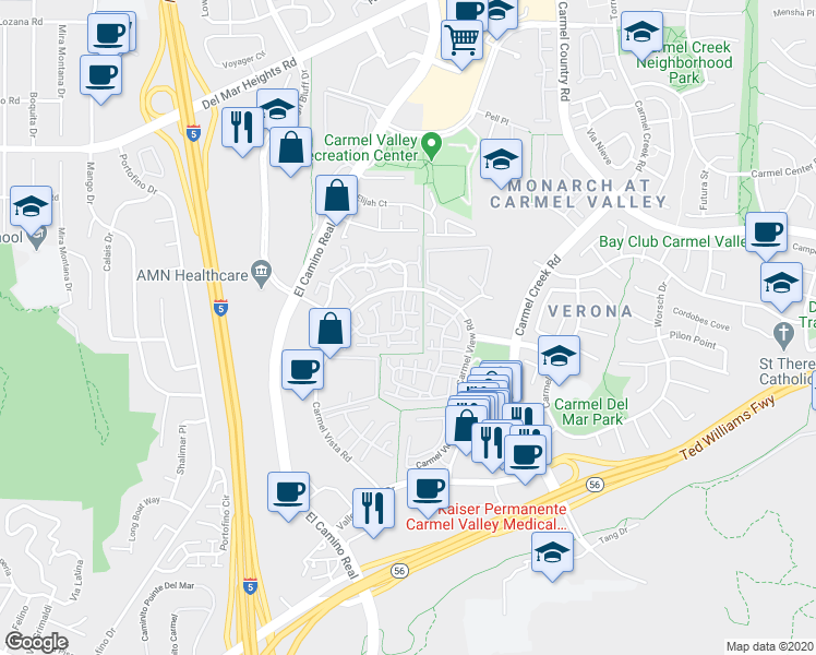 map of restaurants, bars, coffee shops, grocery stores, and more near 12432 Ruette Alliante in San Diego